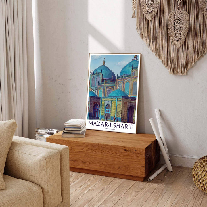 Scenic Mazar-i-Sharif poster displaying Blue Mosque artwork with clean typography and gold finial accents at the bottom. Offered by MapYourDreams, this artwork is available in flexible options including unframed paper, custom wooden frames, and gallery canvas wraps to enhance any wall space.