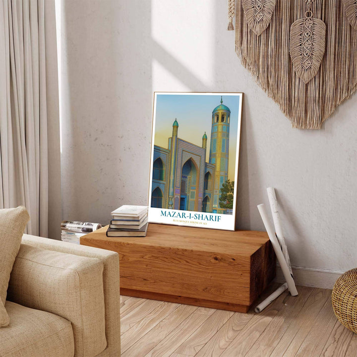 Scenic Mazar-i-Sharif poster displaying Blue Mosque artwork with clean typography and gold architectural accents at the bottom. Offered by MapYourDreams, this artwork is available in flexible options including unframed paper, custom wooden frames, and gallery canvas wraps to enhance any wall space.