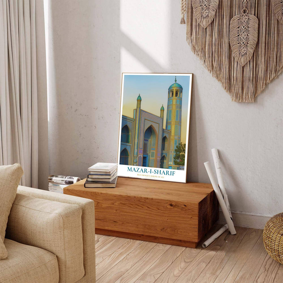 Scenic Mazar-i-Sharif poster displaying Blue Mosque artwork with clean typography and gold architectural accents at the bottom. Offered by MapYourDreams, this artwork is available in flexible options including unframed paper, custom wooden frames, and gallery canvas wraps to enhance any wall space.