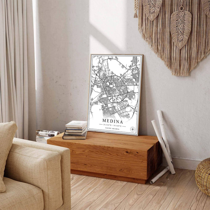 Scenic Medina poster displaying black and white city map artwork with clean cartographic lines and country name at the base. Offered by MapYourDreams, this artwork is available in flexible options including unframed paper, custom wooden frames, and gallery canvas wraps to enhance any wall space.