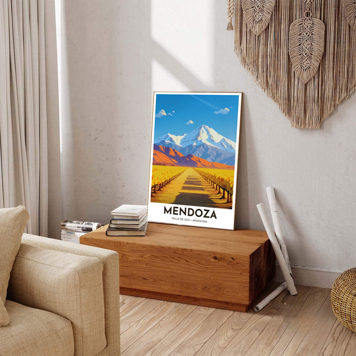 Beautiful South American landscape wall decor displaying the yellow grapevine path and blue Andes mountains of Mendoza. Available through MapYourDreams, this print accommodates various display preferences, including unframed art paper, framed prints, or canvas wraps.