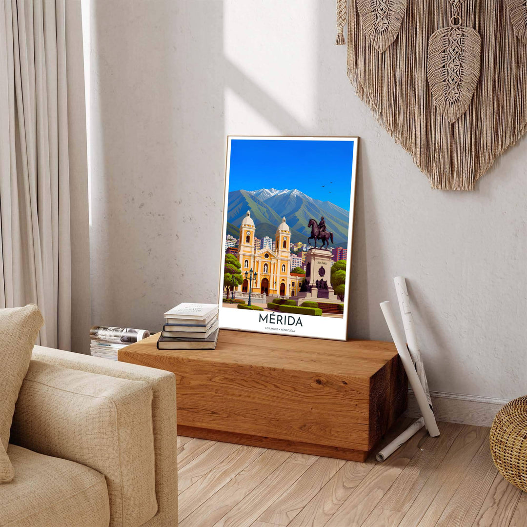 Beautiful South American landmark wall decor displaying the Cathedral of Mérida, Bolívar statue, and snow-capped peaks. Available through MapYourDreams, this print accommodates various display preferences, including unframed art paper, framed prints, or canvas wraps.