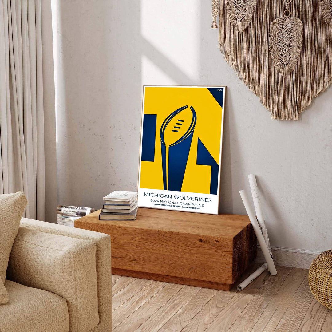 Fine art sports poster of Michigan Wolverines 2024 National Champions with 15-0 undefeated season text at the bottom. Released by MapYourDreams, this artwork is available in flexible options including unframed paper, custom wooden frames, and gallery canvas wraps for home wall art.