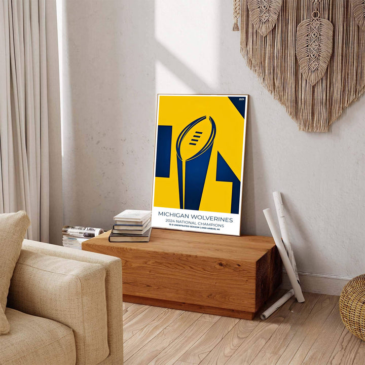 Fine art sports poster of Michigan Wolverines 2024 National Champions with 15-0 undefeated season text at the bottom. Released by MapYourDreams, this artwork is available in flexible options including unframed paper, custom wooden frames, and gallery canvas wraps for home wall art.