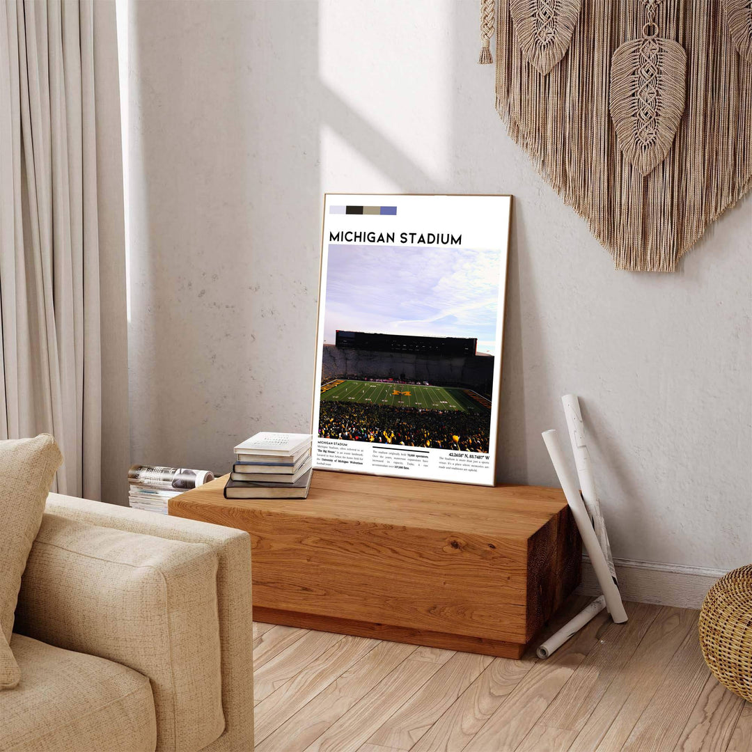 Scenic Ann Arbor poster displaying Michigan Stadium artwork with sleek headline text reading MICHIGAN STADIUM. Offered by MapYourDreams, this artwork is available in flexible options including unframed paper, custom wooden frames, and gallery canvas wraps to enhance any wall space.