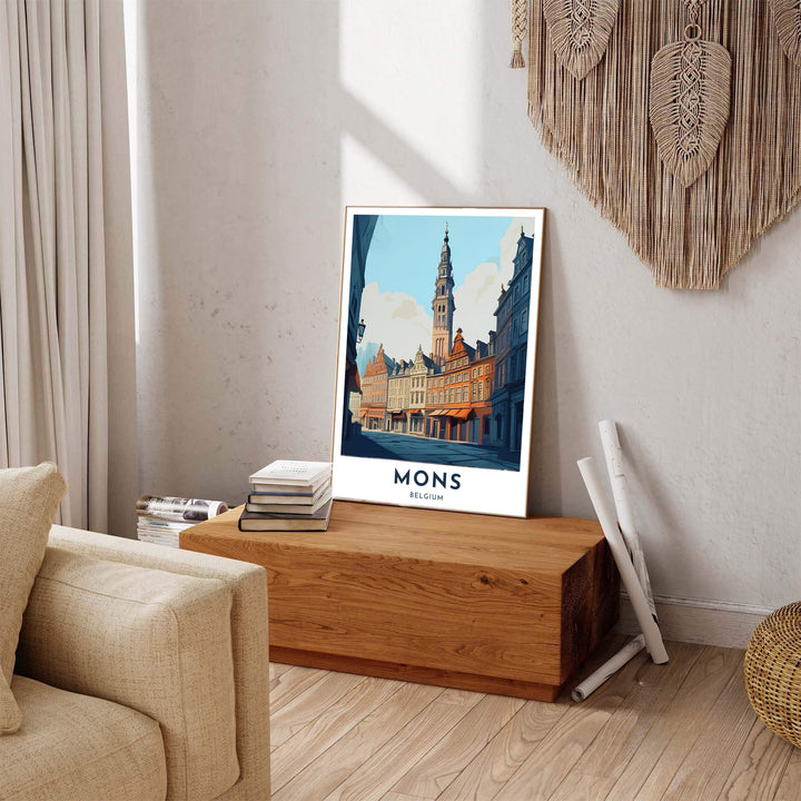 Captivating travel poster decor capturing the medieval and Baroque architectural charm of Mons, Belgium. Available across multiple options including unframed art paper, custom framed poster styles, and gallery canvas wall displays.