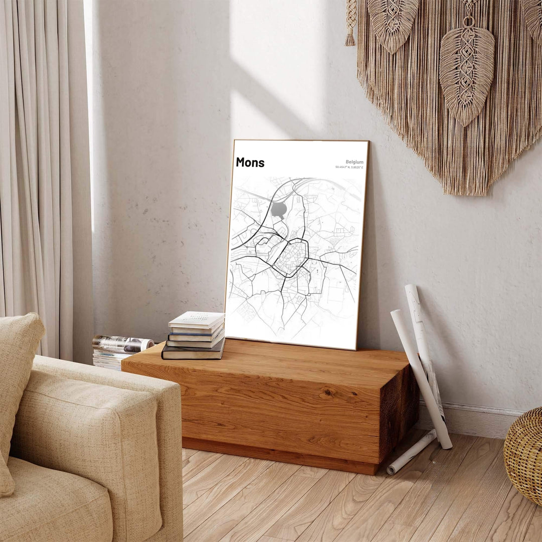 Monochrome wall art print featuring the detailed road map and geography of Mons, Belgium, suited for minimalist decor themes. Offered by MapYourDreams, this artwork is available in flexible options including unframed paper, custom wooden frames, and gallery canvas wraps.