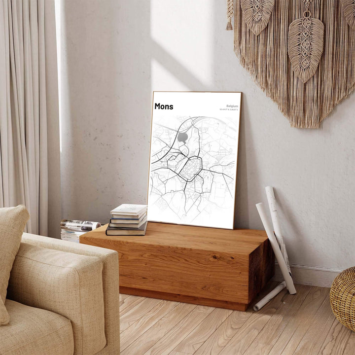 Monochrome wall art print featuring the detailed road map and geography of Mons, Belgium, suited for minimalist decor themes. Offered by MapYourDreams, this artwork is available in flexible options including unframed paper, custom wooden frames, and gallery canvas wraps.