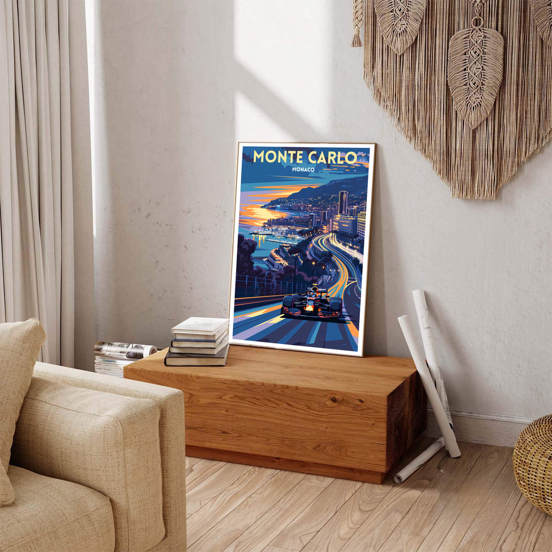 A colorful travel graphic of Monte Carlo in Monaco showcasing a racing car on a glowing asphalt track along the Mediterranean coastline under a twilight sky; customized to fit your interior space as an unframed poster, premium canvas print, or framed wall presentation.