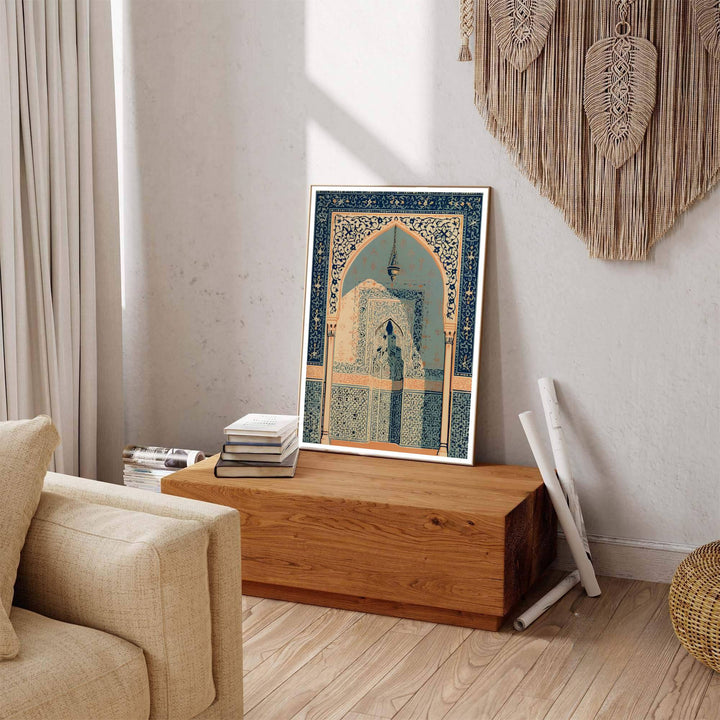 Scenic Andalusian poster displaying Moorish keyhole arch artwork with intricate arabesque borders and slender marble columns. Offered by MapYourDreams, this artwork is available in flexible options including unframed paper, custom wooden frames, and gallery canvas wraps to enhance any wall space.