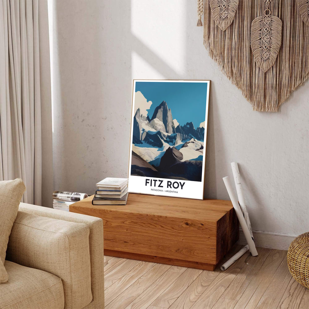 Beautiful South American mountain wall decor displaying the sharp granite spires and snow fields of Mount Fitz Roy. Available through MapYourDreams, this print accommodates various display preferences, including unframed art paper, framed prints, or canvas wraps.