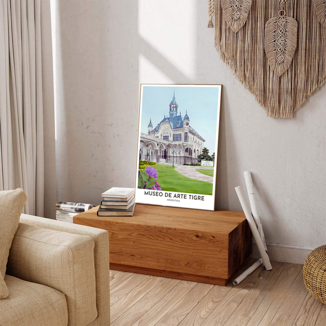 Beautiful South American landmark wall decor displaying the slate blue roof, stone paths, and blooming hydrangeas of Museo de Arte Tigre. Available through MapYourDreams, this print accommodates various display preferences, including unframed art paper, framed prints, or canvas wraps.