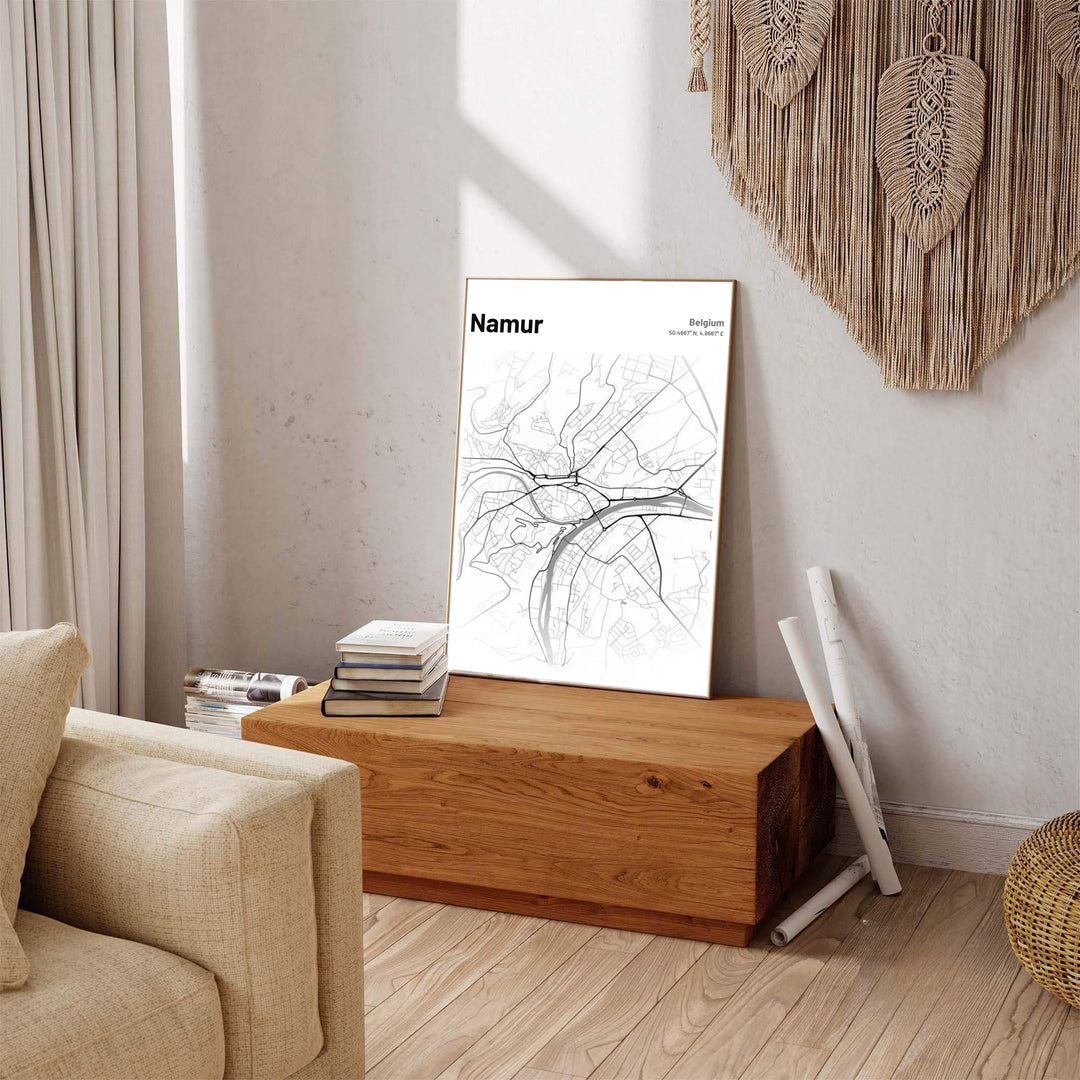 Monochrome wall art print featuring the detailed road map and river geography of Namur, Belgium, suitable for modern interior spaces. Offered by MapYourDreams, this artwork is available in flexible options including unframed paper, custom wooden frames, and gallery canvas wraps.