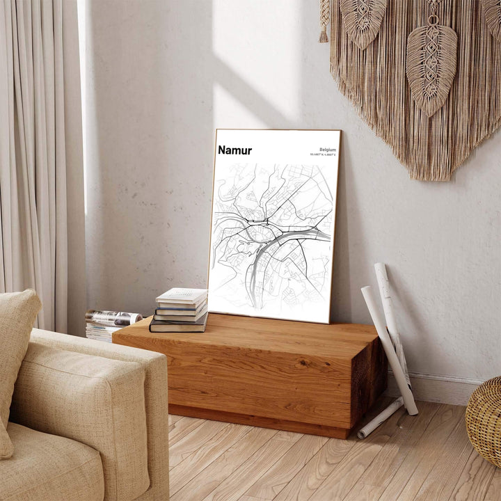 Monochrome wall art print featuring the detailed road map and river geography of Namur, Belgium, suitable for modern interior spaces. Offered by MapYourDreams, this artwork is available in flexible options including unframed paper, custom wooden frames, and gallery canvas wraps.