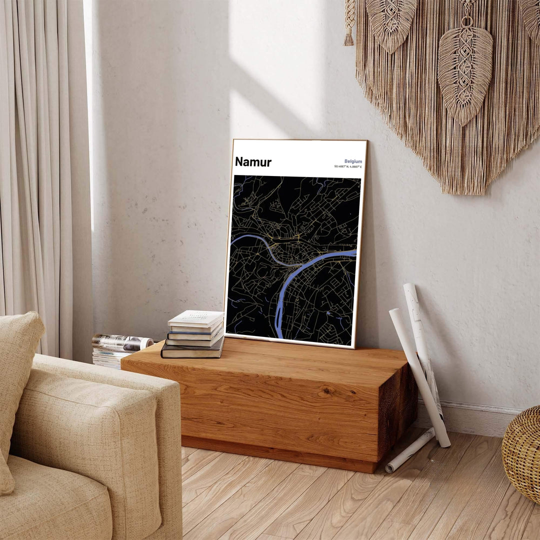 Night mode wall art print featuring the detailed road layout and river geography of Namur, Belgium, tailored for contemporary dark decor. Offered by MapYourDreams, this artwork is available in flexible options including unframed paper, custom wooden frames, and gallery canvas wraps.