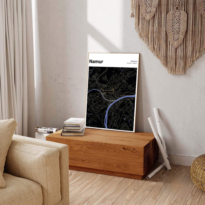 Night mode wall art print featuring the detailed road layout and river geography of Namur, Belgium, tailored for contemporary dark decor. Offered by MapYourDreams, this artwork is available in flexible options including unframed paper, custom wooden frames, and gallery canvas wraps.