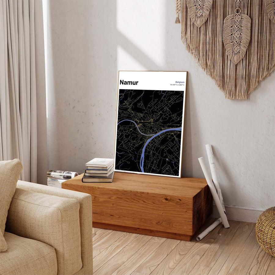 Night mode wall art print featuring the detailed road layout and river geography of Namur, Belgium, tailored for contemporary dark decor. Offered by MapYourDreams, this artwork is available in flexible options including unframed paper, custom wooden frames, and gallery canvas wraps.