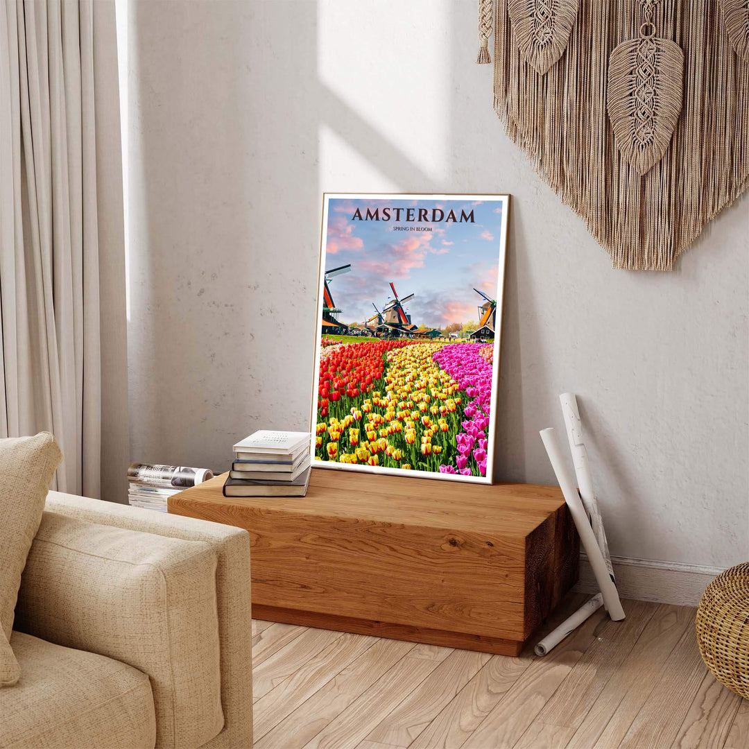 Pastoral Dutch landscape print of colorful tulip farms and historic windmills rendered in rich photographic detail, produced by MapYourDreams with available product options including fine art unframed paper, stretched canvas, or custom framed decor to elevate cheerful sunrooms.