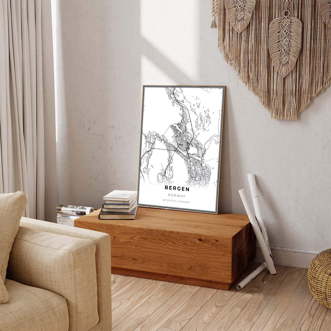 Crisp black line map artwork of Bergen Norway depicting coastal island roads, bridges, and city thoroughfares on white archival background. Carefully produced for lasting quality, this wall art selection includes versatile options like unframed art paper, solid wood framed prints, and textured canvas stretchers.