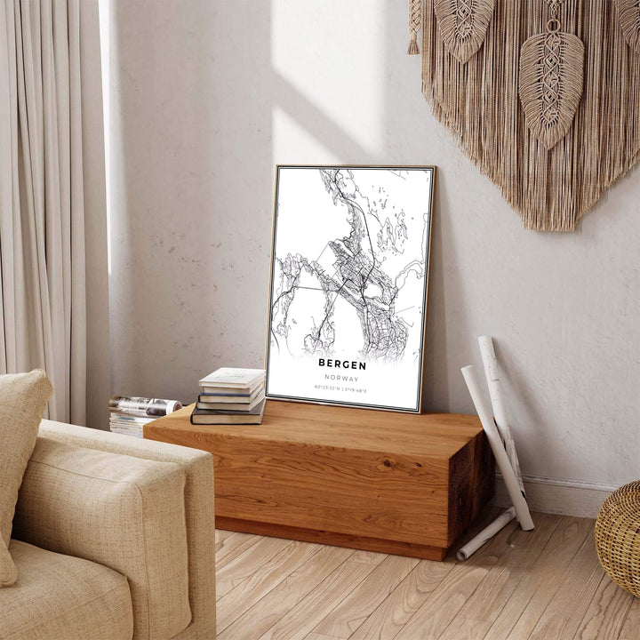 Crisp black line map artwork of Bergen Norway depicting coastal island roads, bridges, and city thoroughfares on white archival background. Carefully produced for lasting quality, this wall art selection includes versatile options like unframed art paper, solid wood framed prints, and textured canvas stretchers.