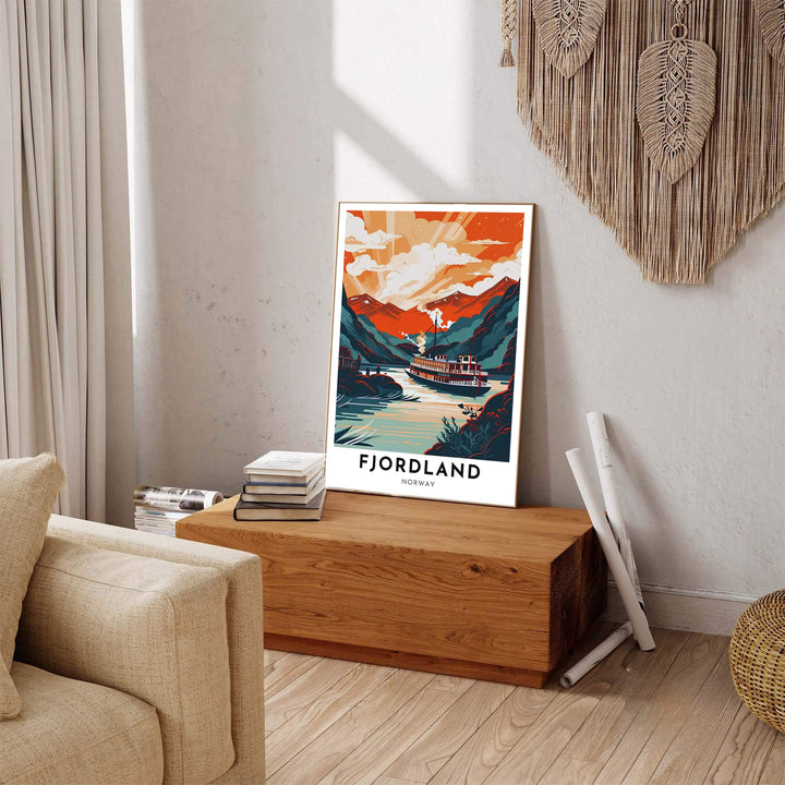 Vintage style travel poster showcasing a steamboat on a calm Norwegian fjord framed by dramatic sunset sunbeams. Carefully produced for lasting quality, this wall art selection includes versatile options like unframed art paper, solid wood framed prints, and textured canvas stretchers.