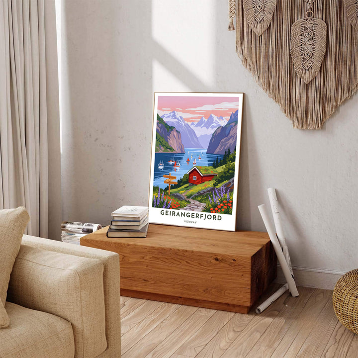 Nostalgic Scandinavian landscape poster of Geirangerfjord Norway featuring a stone footpath leading past a turf roof cabin toward the water. Carefully produced for lasting quality, this wall art selection includes versatile options like unframed art paper, solid wood framed prints, and textured canvas stretchers.