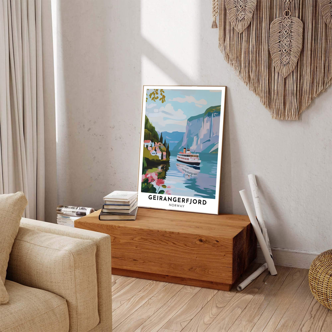 Picturesque Scandinavian print of Geirangerfjord Norway showing classic boat transit amidst towering mountain rock and water reflections. Created by MapYourDreams, this fine art print is offered in custom framed styles, gallery quality stretched canvas, or simple unframed paper formats.