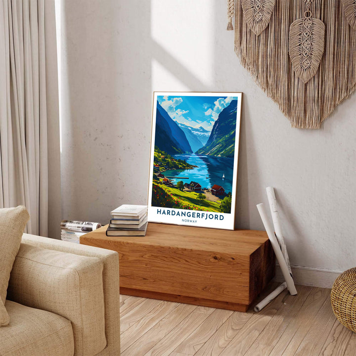 Picturesque Scandinavian print of Hardangerfjord Norway showing village houses and clear sky reflections over deep blue fjord waters. Created by MapYourDreams, this fine art print is offered in custom framed styles, gallery quality stretched canvas, or simple unframed paper formats.