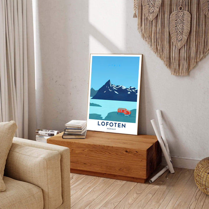 Modern coastal art of Lofoten Norway featuring red rorbuer cabins on stilts against sharp mountain geometry and clear skies. Produced for lasting quality, this wall art selection includes versatile options like unframed art paper, solid wood framed prints, and textured canvas stretchers.
