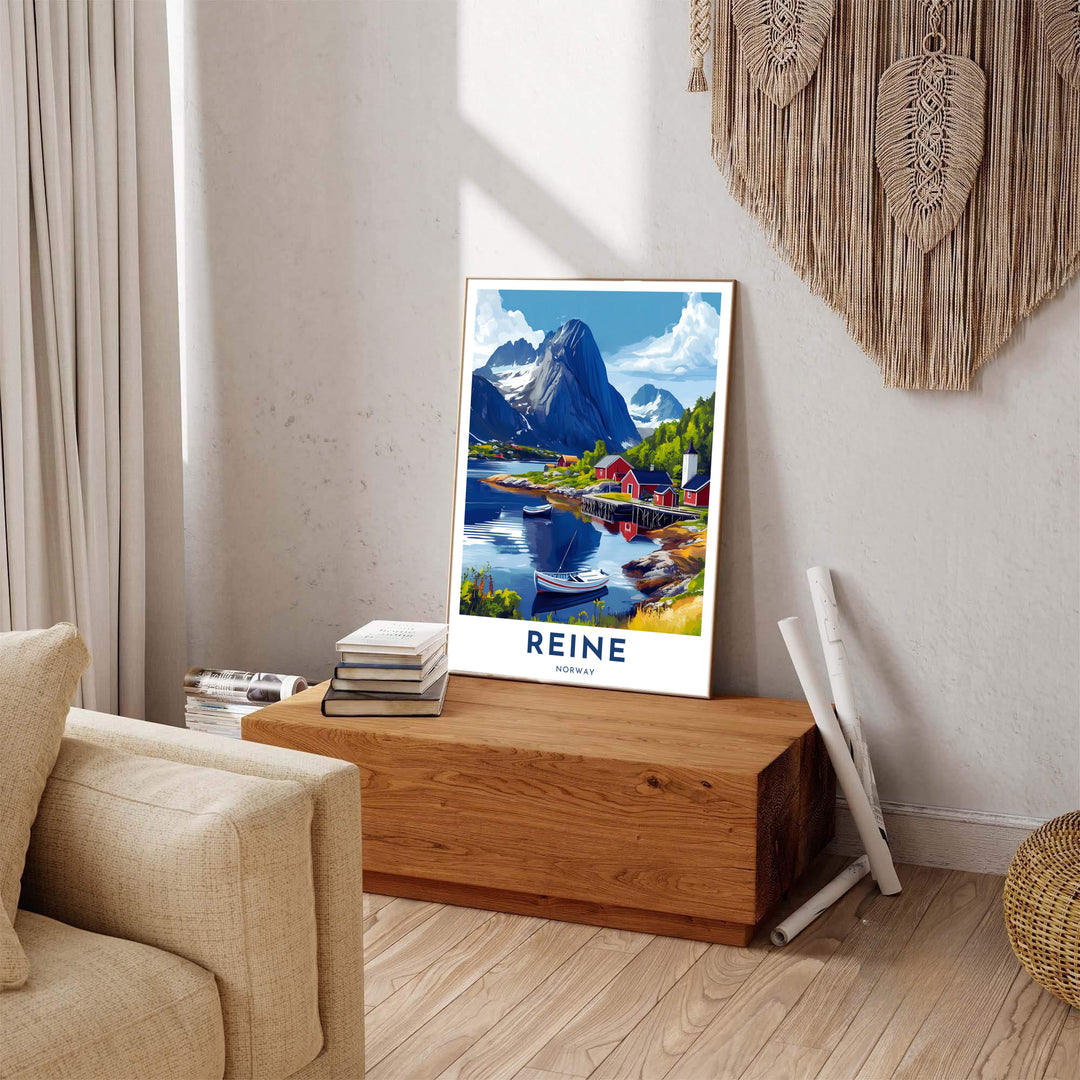 Scenic vector poster illustrating the fishing village of Reine in Norway with peaceful harbor waters and dramatic mountain rock faces. Enhance your living space with options including unframed archival paper prints, custom wood framed artwork, and gallery quality canvas wraps.