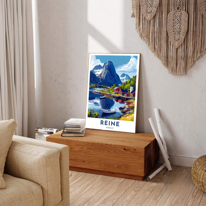 Scenic vector poster illustrating the fishing village of Reine in Norway with peaceful harbor waters and dramatic mountain rock faces. Enhance your living space with options including unframed archival paper prints, custom wood framed artwork, and gallery quality canvas wraps.