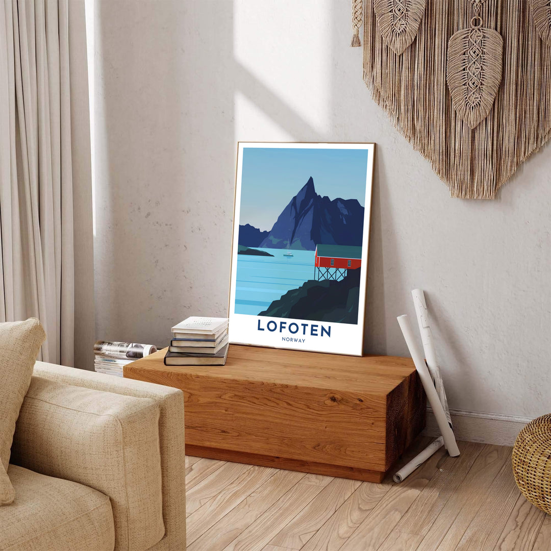 Arctic coastal illustration of Lofoten Norway depicting a single red fishing hut and sharp mountain summit along peaceful fjord waters. Offered by MapYourDreams, this travel artwork is customizable as an unframed poster print, ready-to-hang framed print, or premium gallery canvas wrap.