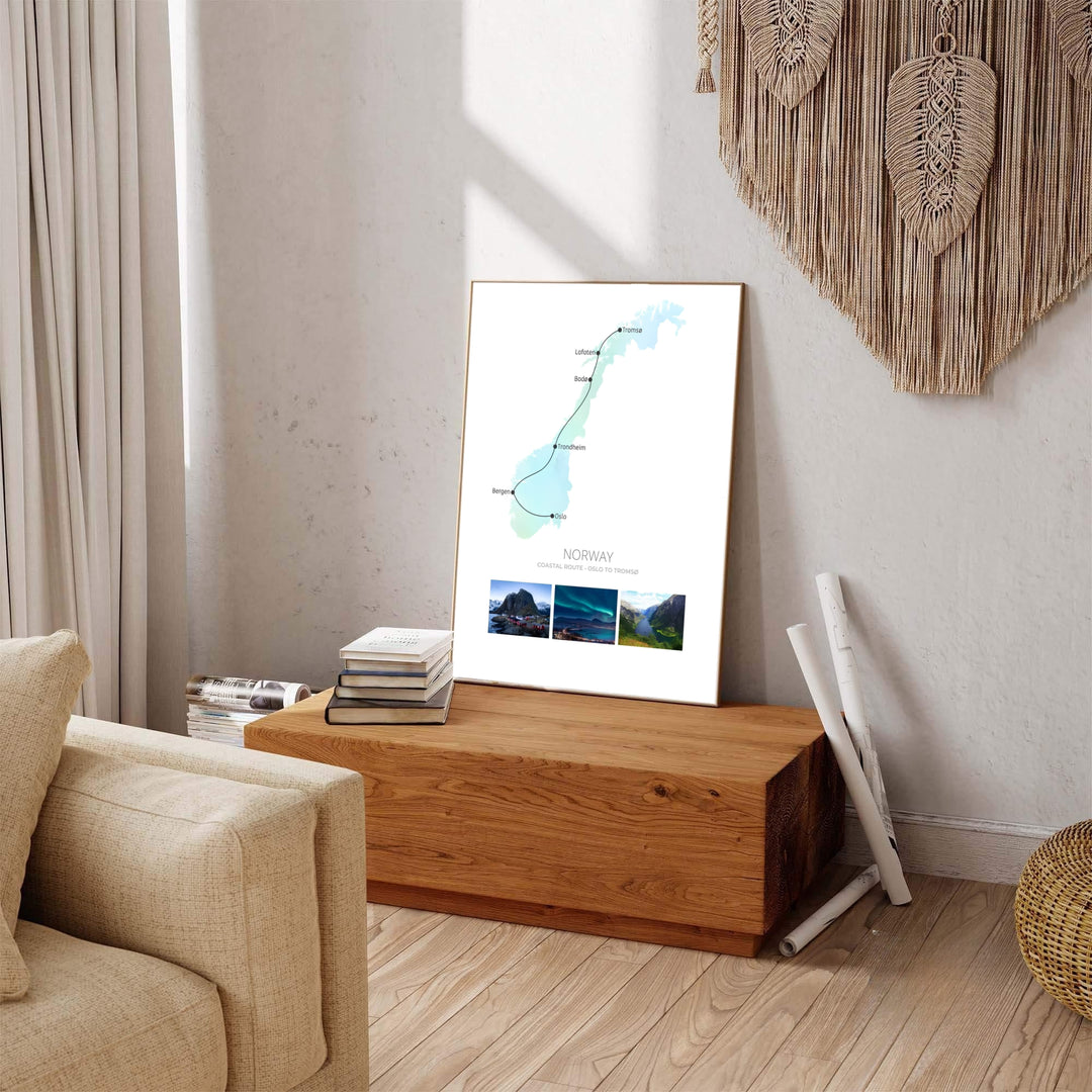 Arctic transit route artwork of Norway showing the path from Oslo to Tromsø along coastal fjords and northern landscapes. Offered by MapYourDreams, this travel artwork is customizable as an unframed poster print, ready-to-hang framed print, or premium gallery canvas wrap.