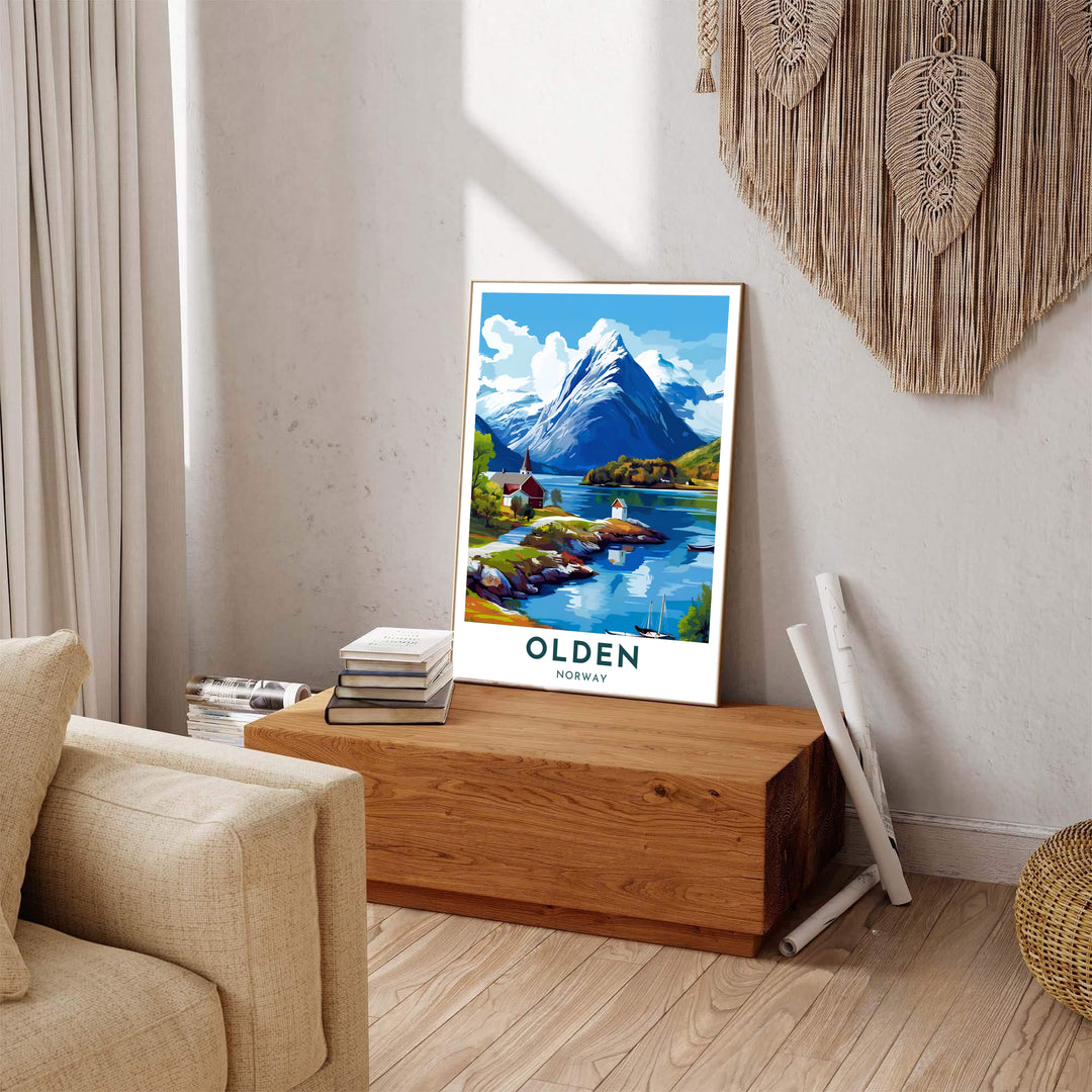 Retro travel art print featuring the scenic village of Olden on Nordfjord in Norway framed by majestic snow-dusted mountains. Available from MapYourDreams, this fine print comes in sleek framed styles, archival unframed prints, and stretched canvas options.