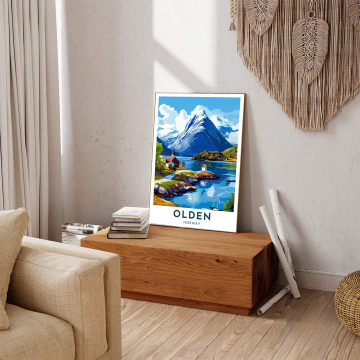 Retro travel art print featuring the scenic village of Olden on Nordfjord in Norway framed by majestic snow-dusted mountains. Available from MapYourDreams, this fine print comes in sleek framed styles, archival unframed prints, and stretched canvas options.