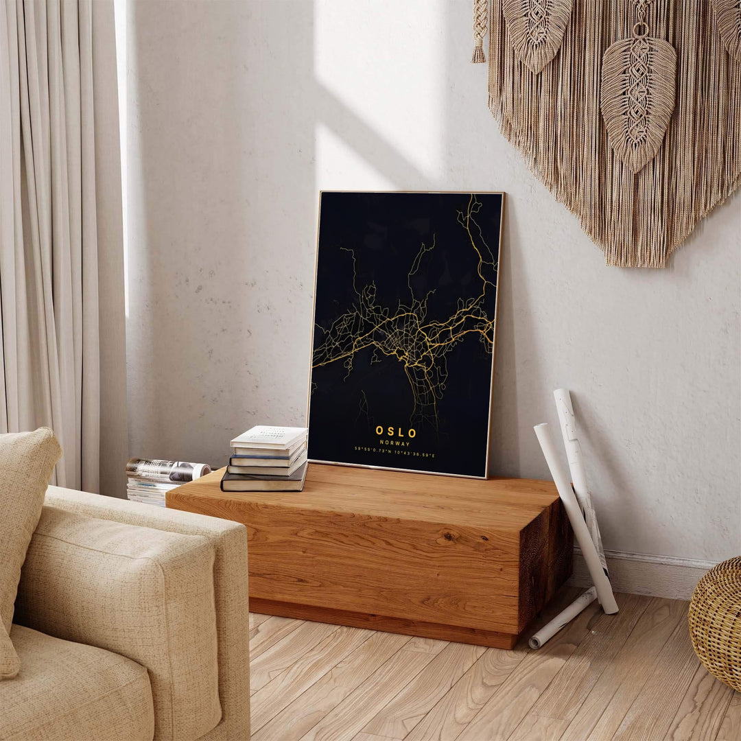 High-contrast gold street map print of Oslo Norway featuring precise vector road details and geographic coordinate markers. Available from MapYourDreams, this fine print comes in sleek framed styles, archival unframed prints, and stretched canvas options.