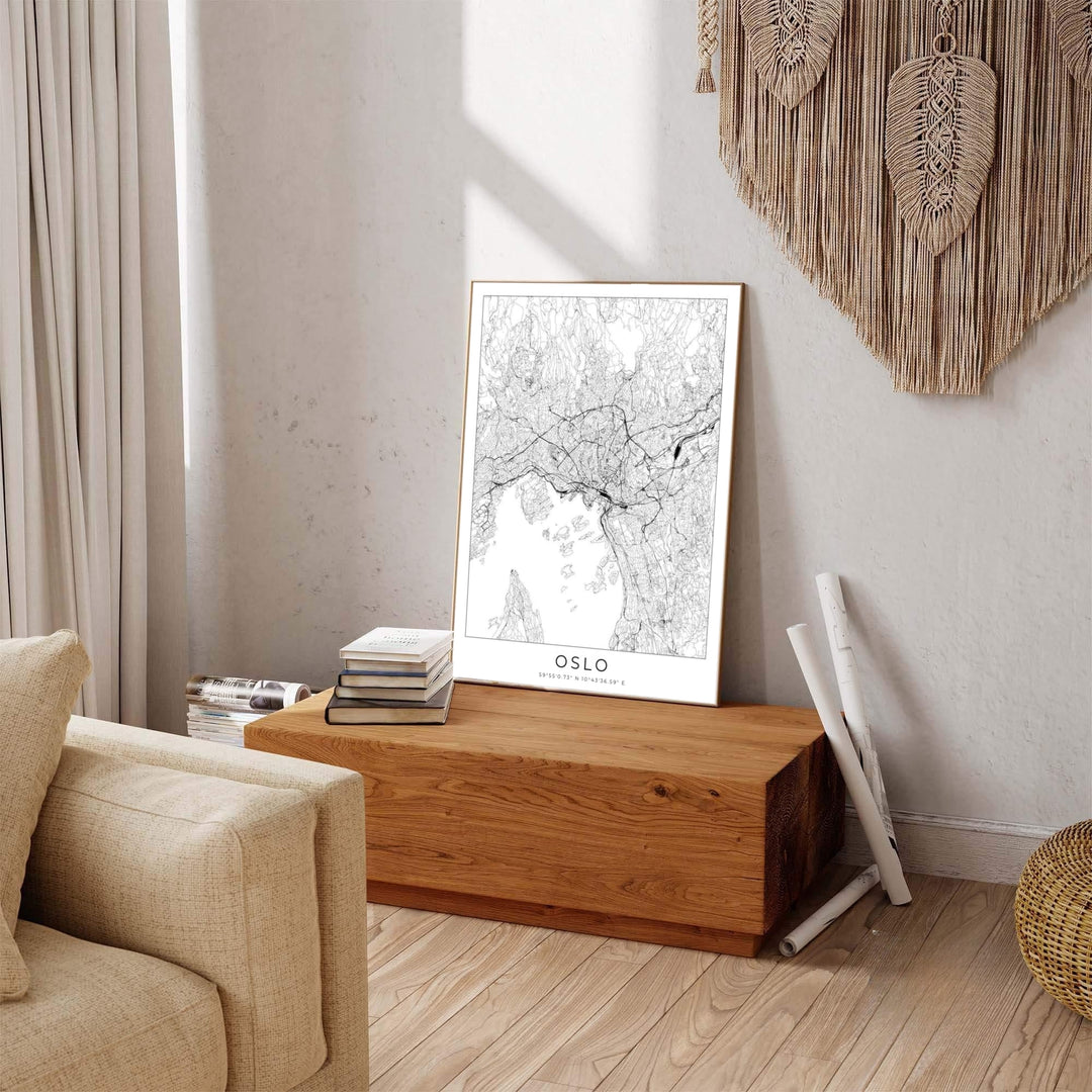 High-contrast street grid map print of Oslo Norway featuring fine vector road details and geographic coordinate markers. Available from MapYourDreams, this fine print comes in sleek framed styles, archival unframed prints, and stretched canvas options.