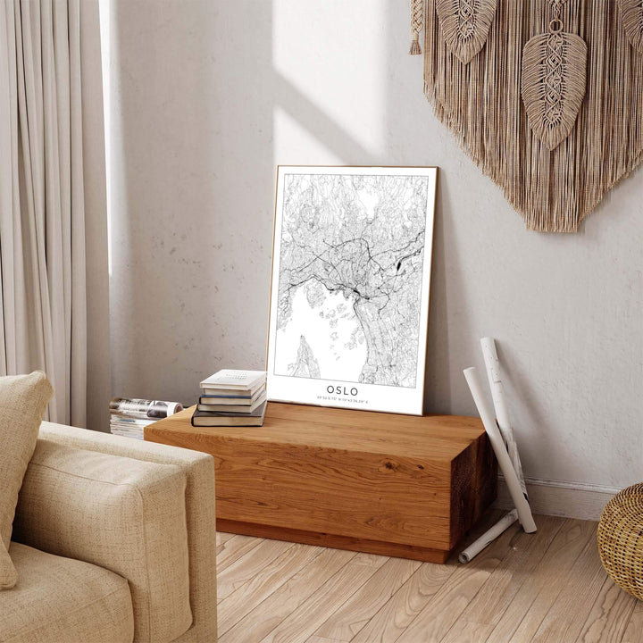High-contrast street grid map print of Oslo Norway featuring fine vector road details and geographic coordinate markers. Available from MapYourDreams, this fine print comes in sleek framed styles, archival unframed prints, and stretched canvas options.