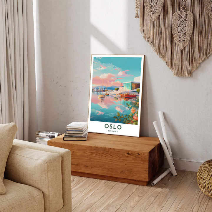 Peaceful sunset waterfront cartography illustration showcasing the Oslo Opera House in Norway along the coastal fjord waters. Bring modern elegance home with display options including classic unframed paper, gallery wrapped canvas panels, or fully assembled framed wall art.