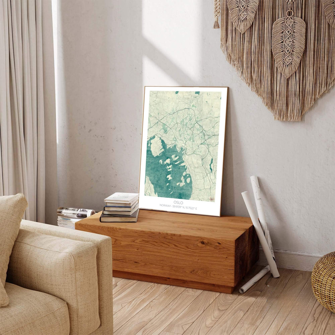 High-contrast vintage street grid map print of Oslo Norway featuring teal sea depth details and geographic coordinate typography. Available from MapYourDreams, this fine print comes in sleek framed styles, archival unframed prints, and stretched canvas options.