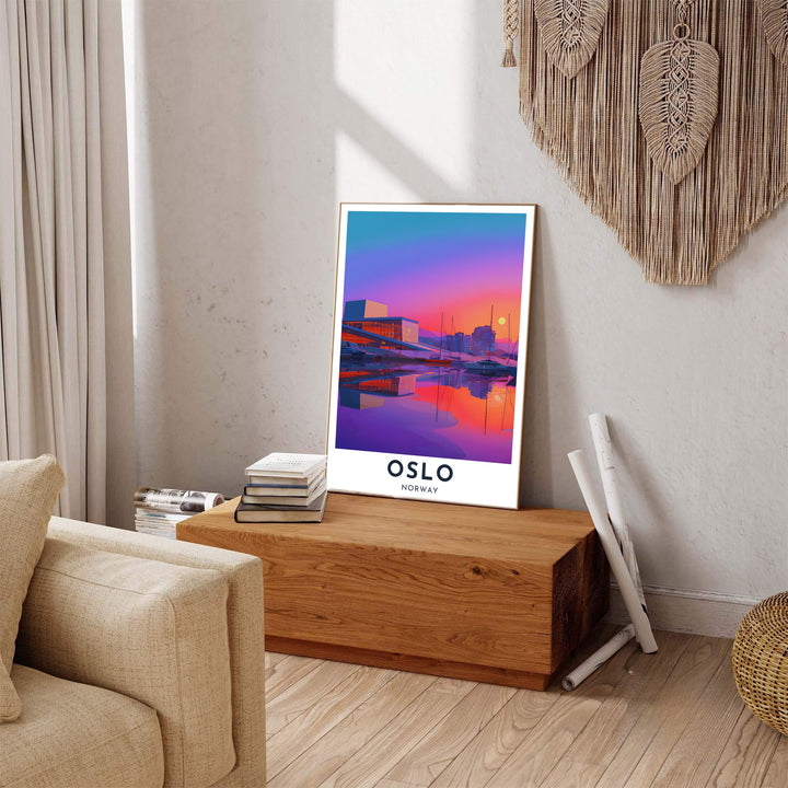 Architectural vector illustration of the Oslo Opera House in Norway with a glowing sun, vivid sky gradients, and crystal harbor reflections. Available from MapYourDreams, this fine print comes in sleek framed styles, archival unframed prints, and stretched canvas options.
