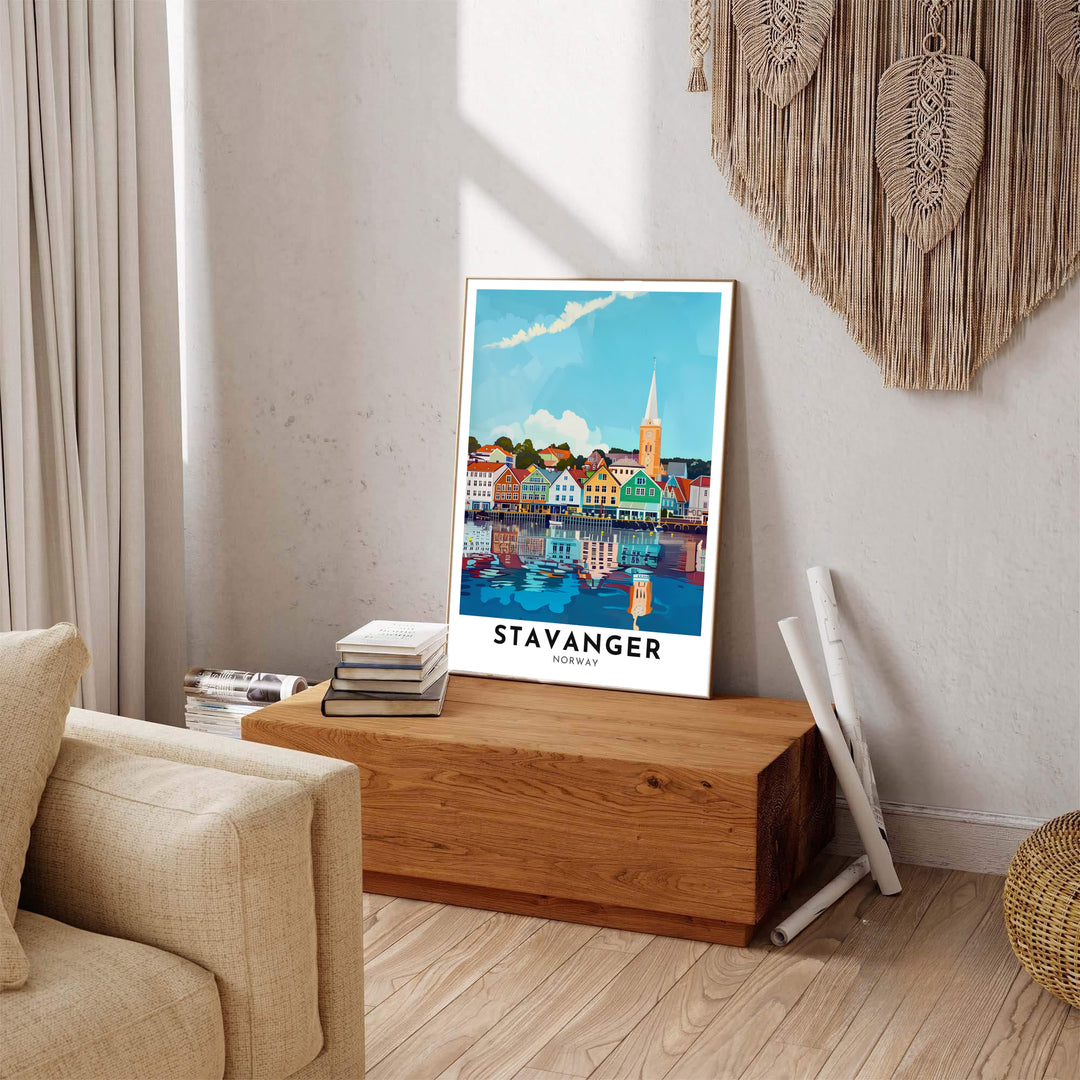 Vector harbor art print of Stavanger Norway capturing the historic coastal storehouses, church tower, and glass-like water reflections. Available from MapYourDreams, this fine print comes in sleek framed styles, archival unframed prints, and stretched canvas options.