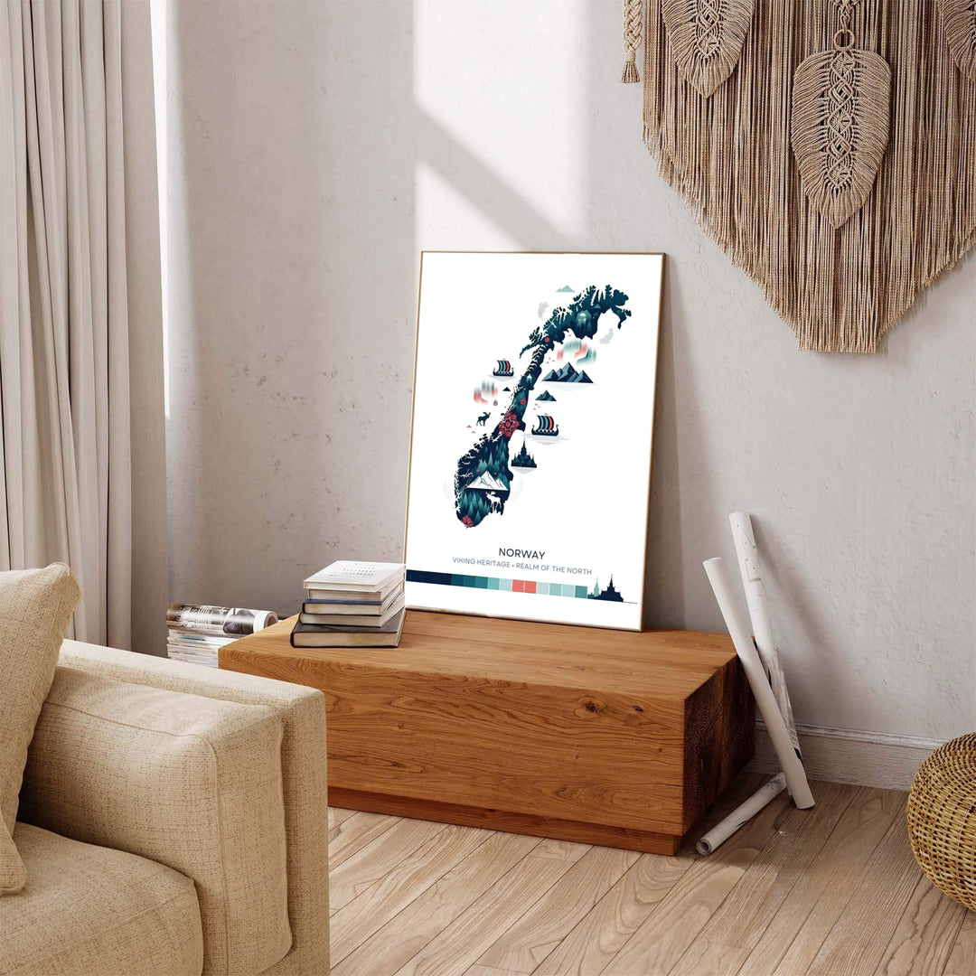 Vector heritage map print of Norway featuring Viking longships, aurora borealis glows, stave church outlines, and clean Nordic color swatches. Available from MapYourDreams, this fine print comes in sleek framed styles, archival unframed prints, and stretched canvas options.