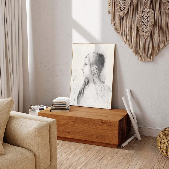 Vintage monochrome wall art depicting Odilon Redon’s 1894 profile lithograph of Brünnhilde. Perfect for living rooms or home libraries, MapYourDreams lets you choose between unframed fine art paper, custom picture framing, and gallery-wrapped canvas art.