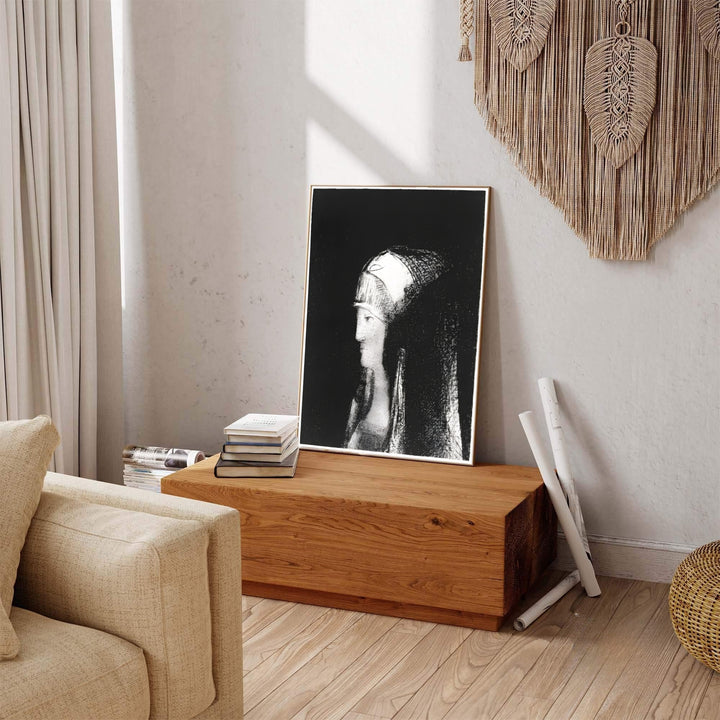 Vintage monochrome wall art depicting Odilon Redon’s 1891 lithograph Druidesse. Ideal for home libraries or bedrooms, MapYourDreams lets you choose between unframed fine art paper, custom picture framing, and gallery-wrapped canvas art options.