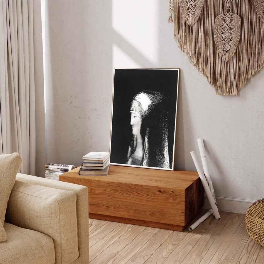 Vintage monochrome wall art depicting Odilon Redon’s 1891 lithograph Druidesse. Ideal for home libraries or bedrooms, MapYourDreams lets you choose between unframed fine art paper, custom picture framing, and gallery-wrapped canvas art options.