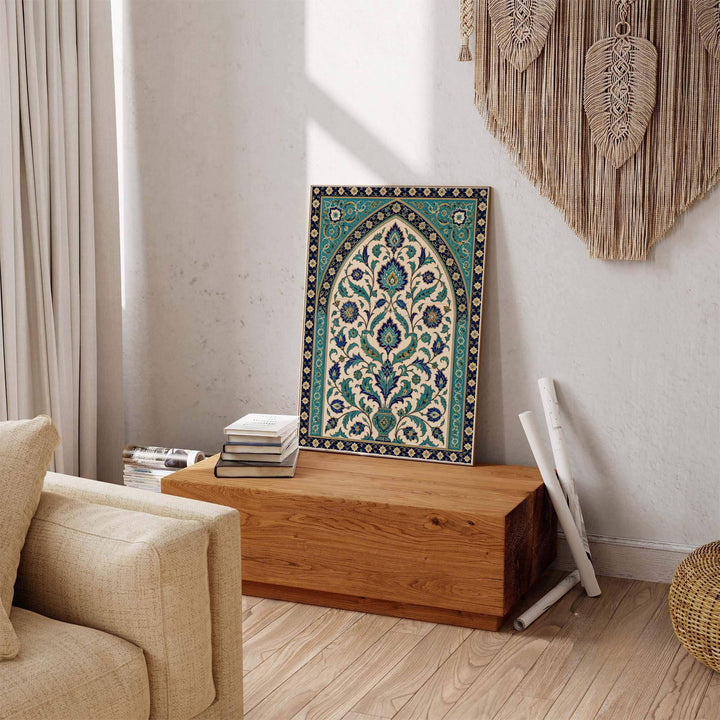 Scenic Turkish poster displaying Ottoman Iznik tile artwork with clean geometric borders and rich cobalt blue details. Offered by MapYourDreams, this artwork is available in flexible options including unframed paper, custom wooden frames, and gallery canvas wraps to enhance any wall space.