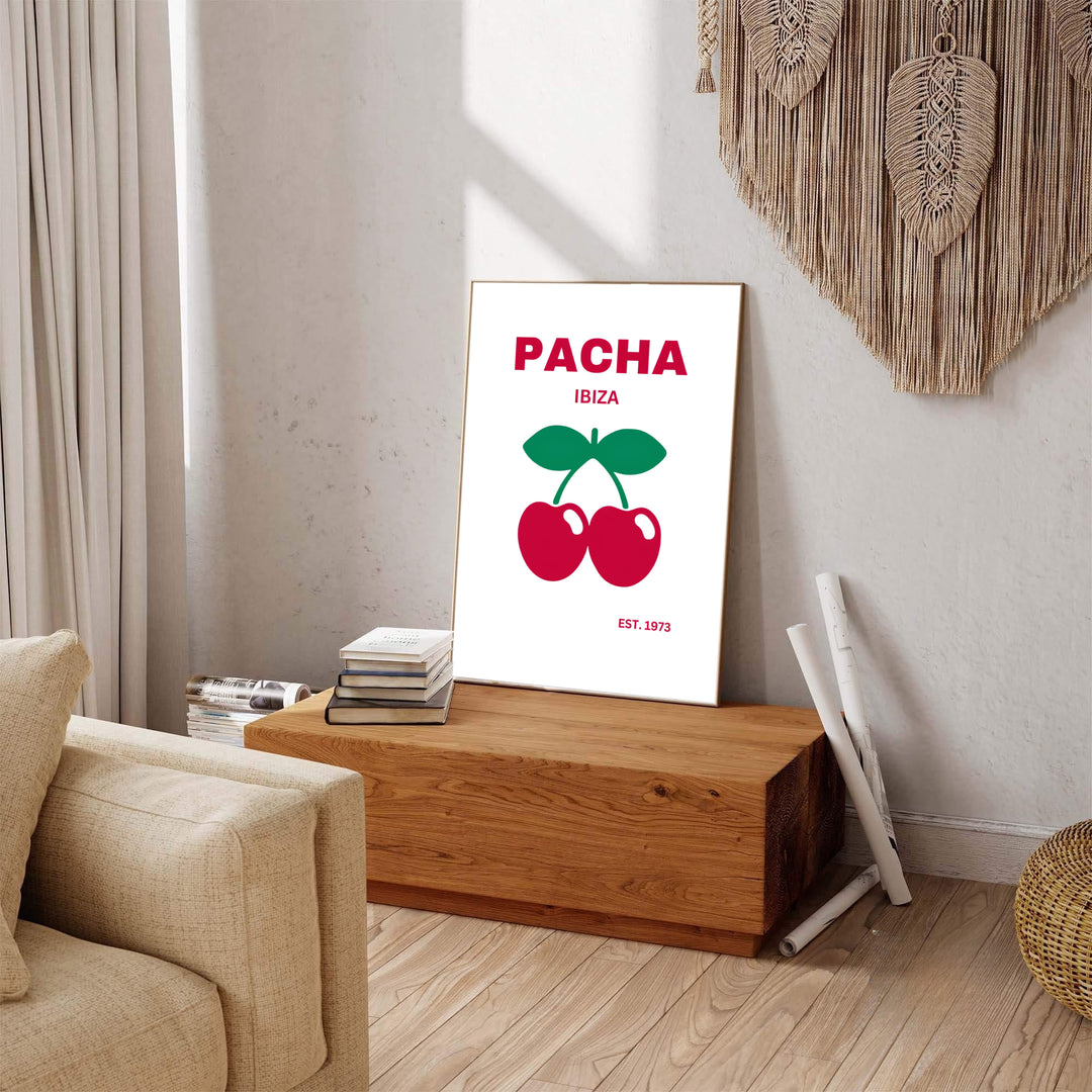 Minimalist party culture wall art print displaying vivid red cherries for Pacha in Ibiza, Spain, produced by MapYourDreams with choices including fine art unframed paper, gallery canvas, or custom framed decor for creative living room layouts.