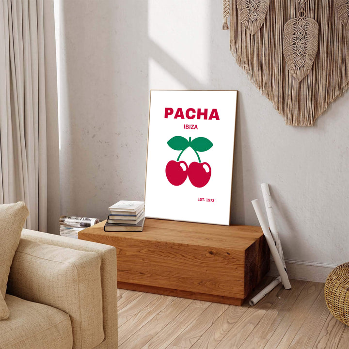 Minimalist party culture wall art print displaying vivid red cherries for Pacha in Ibiza, Spain, produced by MapYourDreams with choices including fine art unframed paper, gallery canvas, or custom framed decor for creative living room layouts.