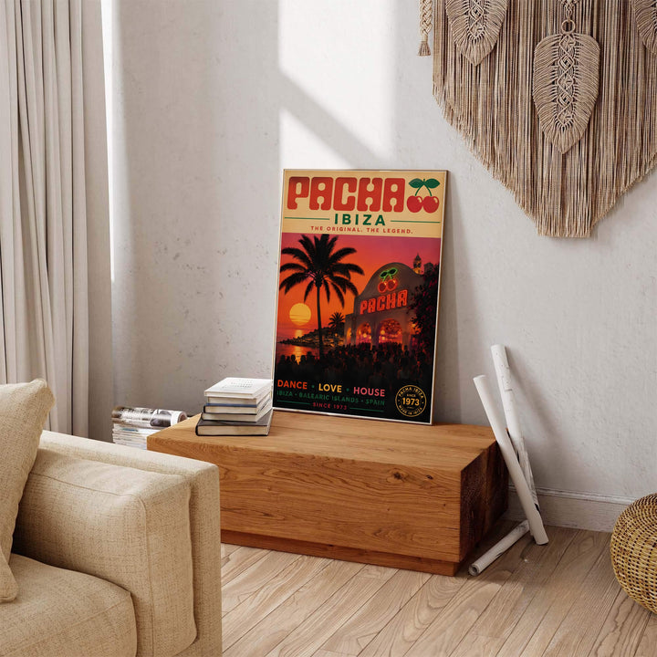 Retro Mediterranean sunset poster depicting the famous Pacha nightclub in Ibiza with glowing ambient lights and crowd, available from MapYourDreams as an unframed art print, heavy-duty gallery canvas, or custom framed decor piece for residential bars.